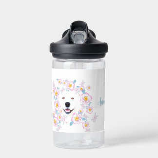 Botella De Agua Perro Samoyed y flores rosadas, nombre personaliza