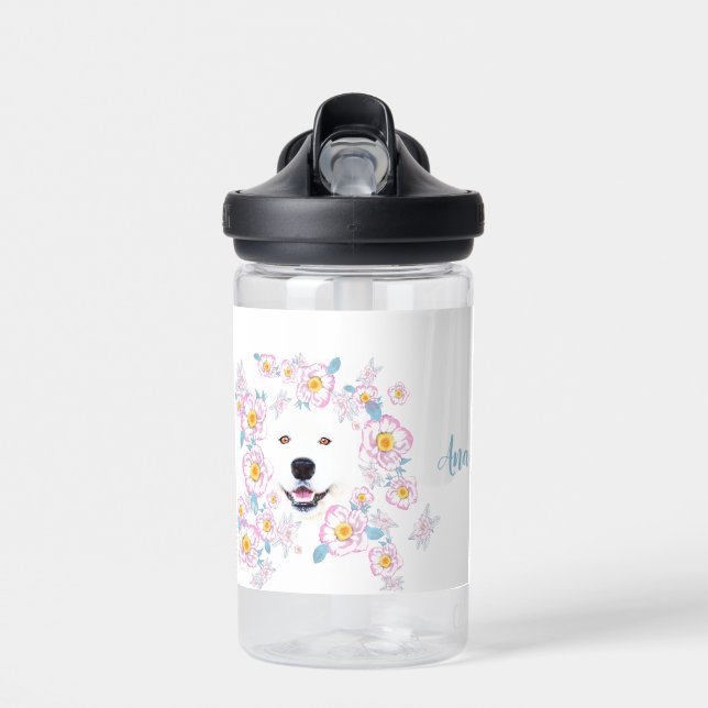 Botella De Agua Perro Samoyed y flores rosadas, nombre personaliza (Delante)