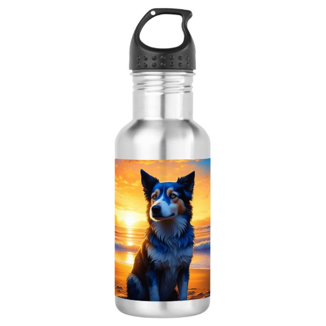 Botella De Agua Perro sentado en Ocean Beach en Sunset (Anverso)