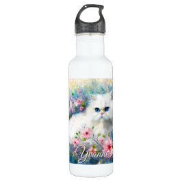 Botella De Agua Persian Cat Blue Eyes in Pink Flowers Personalized