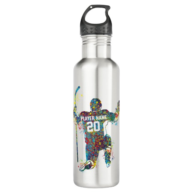Botella De Agua Personaliza al jugador de hockey masculino (Anverso)