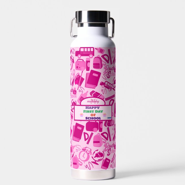 Botella De Agua personalizable rosado de vuelta al patrón escolar (Delantero)