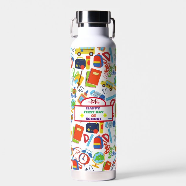 Botella De Agua Personalizable vibrante de vuelta al patrón escola (Delantero)
