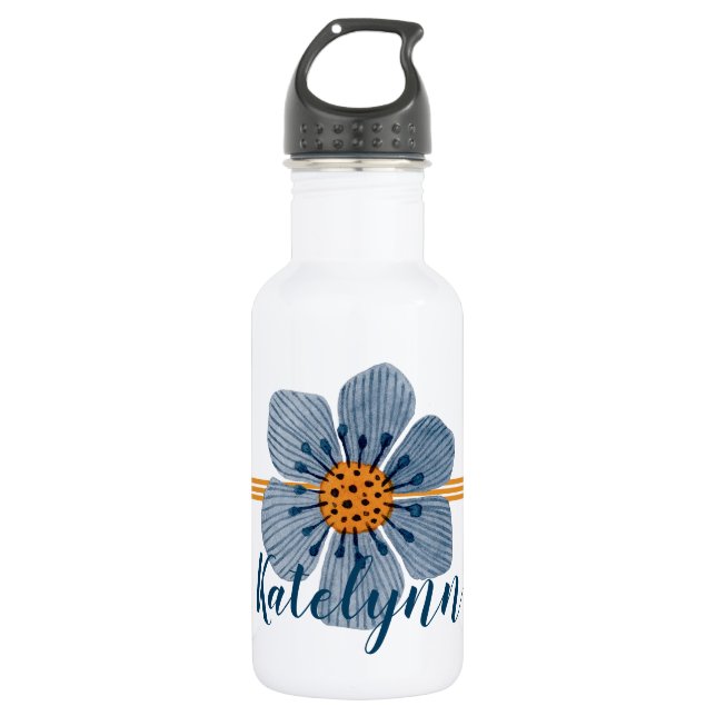 Botella de agua personalizada con flores azules y  (Anverso)