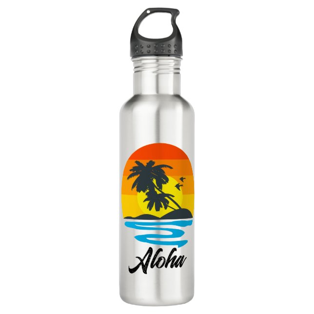 Botella De Agua Personalizado Aloha Tropical Hawaiano (Anverso)