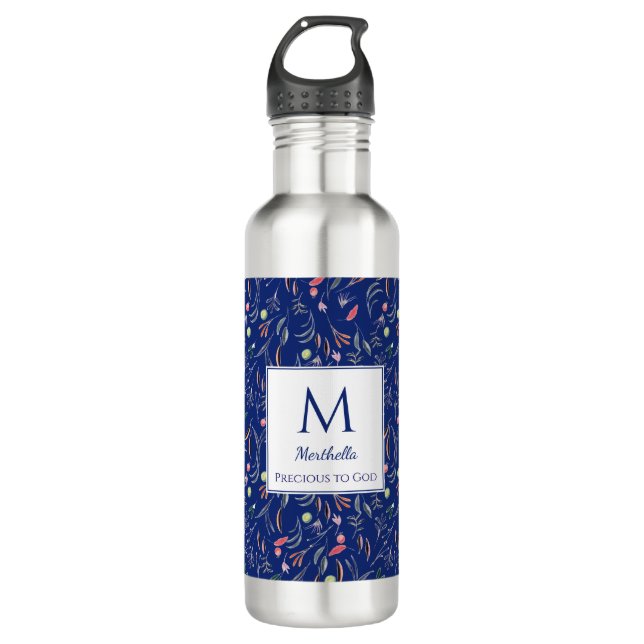 Botella De Agua Personalizado | AZUL REAL | Floral | Monograma (Anverso)