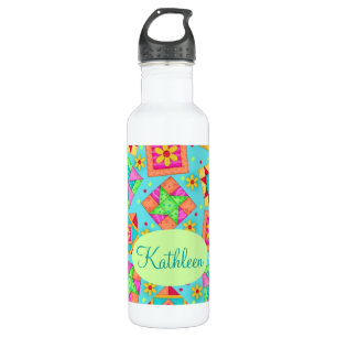 Botella De Agua Personalizado de bloques de trama de color turques