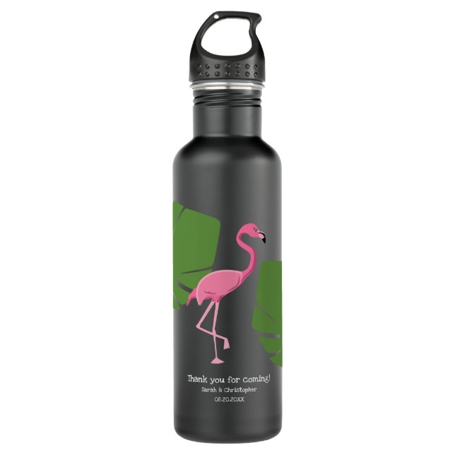 Botella De Agua Personalizado de entrega boda Flamingo Rosa negro (Anverso)