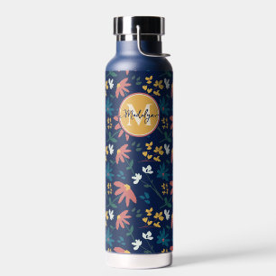Botella De Agua Personalizado de patrón floral de monograma amaril