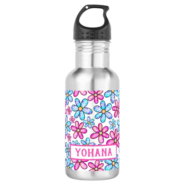 Botella De Agua Personalizado de patrones de margarita rosa y azul (Anverso)