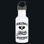 Botella De Agua Personalizado del Departamento de Atletismo Retro<br><div class="desc">Hidrate en estilo con esta divertida botella de agua de pickleball con remo cruzado de remo, bola y tipografía retro en negro. Añade tu texto personalizado para personalizar - nombre del jugador, nombre del equipo, nombre del club, ciudad, ciudad, nombre del torneo, etc. Hace un gran regalo para jugadores de...</div>