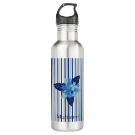 Botella De Agua Personalizado elegante franjas florales monocromát