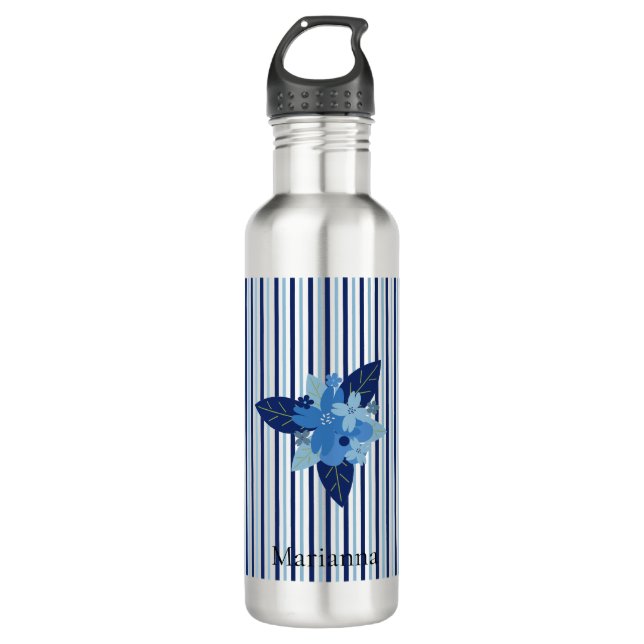 Botella De Agua Personalizado elegante franjas florales monocromát (Anverso)