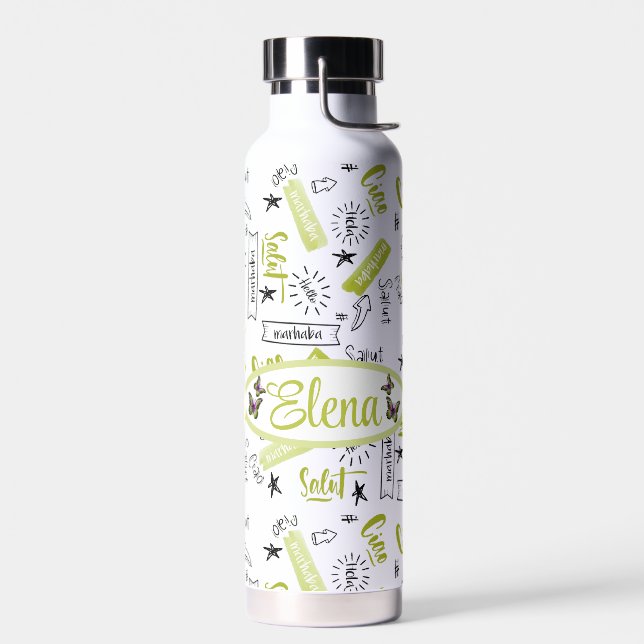 Botella De Agua Personalizado ,Hola en varias idiomas (Izquierdo)