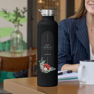 Botella De Agua Personalizado Minimalista floral navideña única