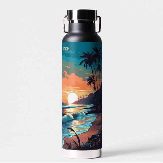 Botella De Agua Personalizado Monograma Tropical Beach Sunset (Delantero)