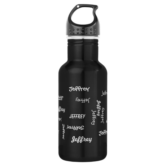 Botella De Agua Personalizado, nombre repetitivo, negro y blanco (Anverso)