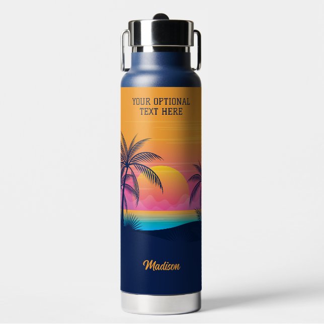 Botella De Agua Personalizado Texto Isla tropical Atardecer (Frente)