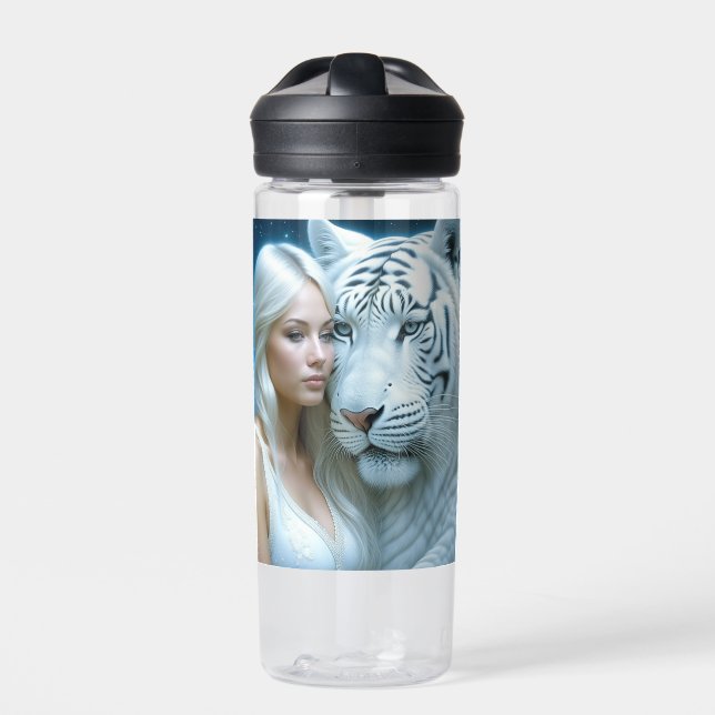 Botella De Agua Personalizado tigre blanco místico y mujer (Delante)
