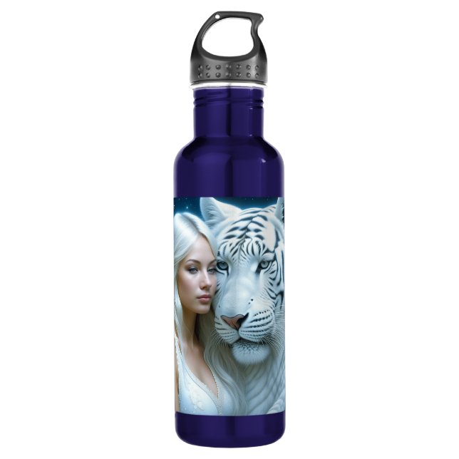 Botella De Agua Personalizado tigre blanco místico y mujer (Anverso)