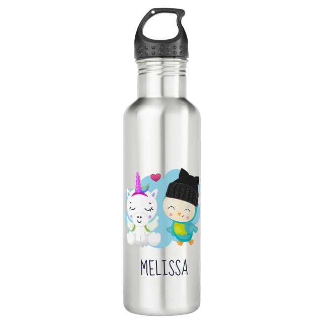 Botella De Agua Personalizados felinos: unicornio y pájaro felices (Anverso)
