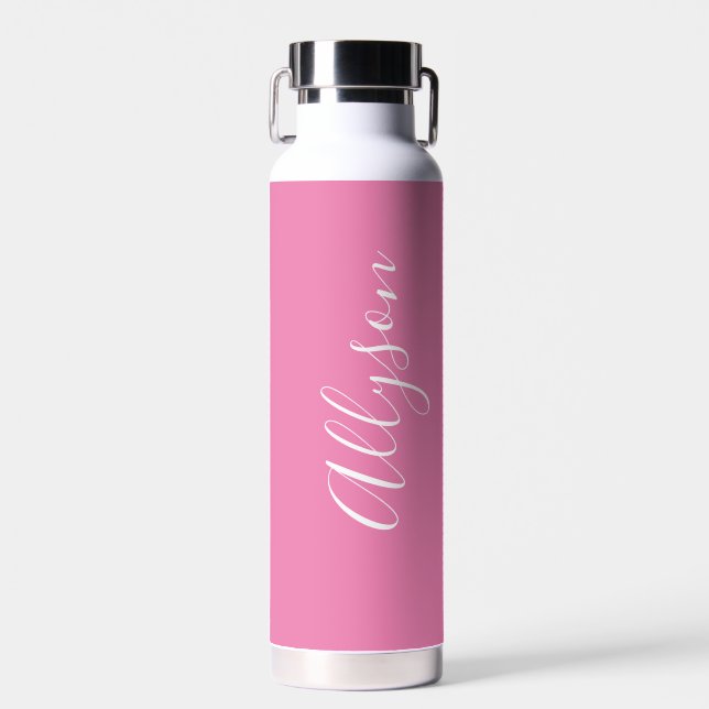 Botella De Agua Personalizar nombre vertical, guión blanco, rosa (Delantero)