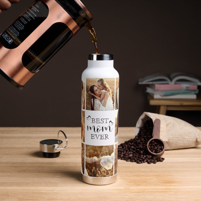 Botella De Agua Personalized Best Mom Ever 8-Photo Collage Elegant (Café)
