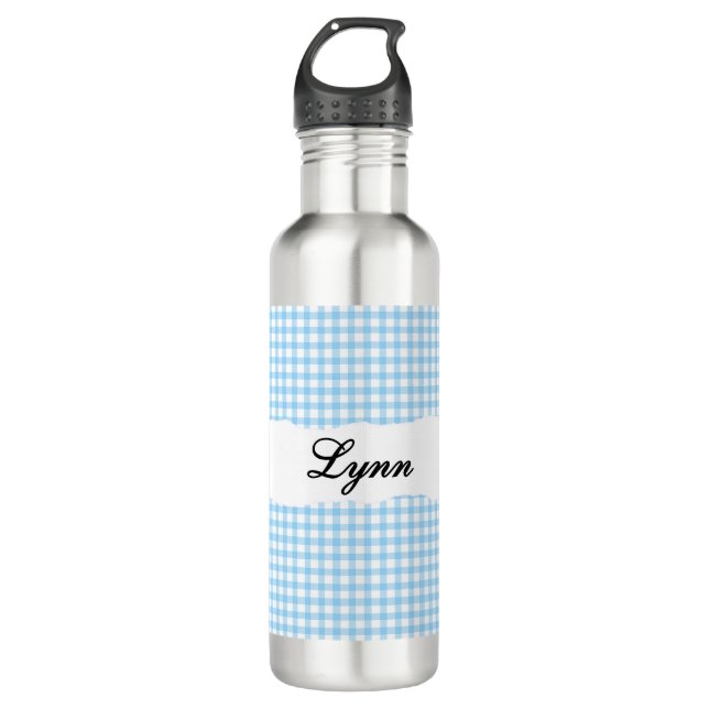 Botella De Agua Personalized Blue Gingham Pattern & Custom Name (Anverso)