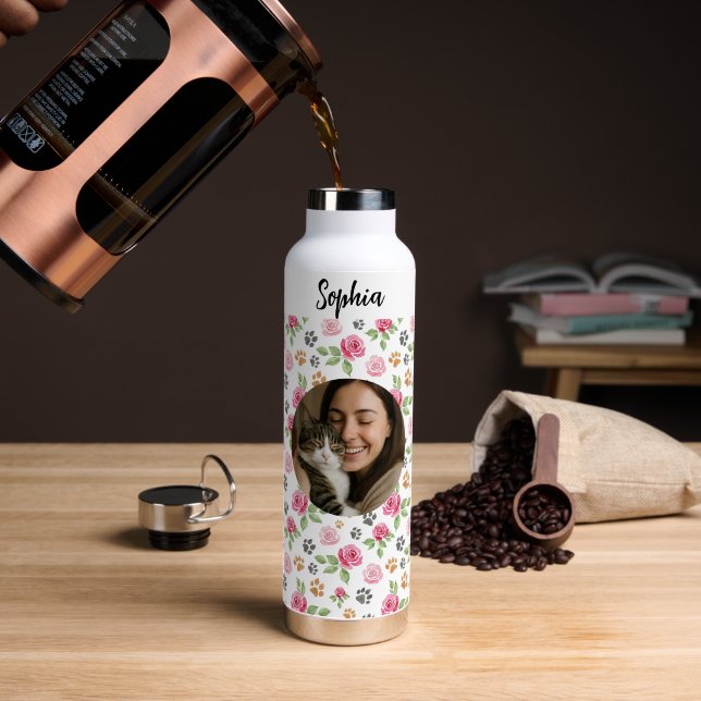 Botella De Agua Personalized Floral Cat Mom Water Bottle (Café (girado))