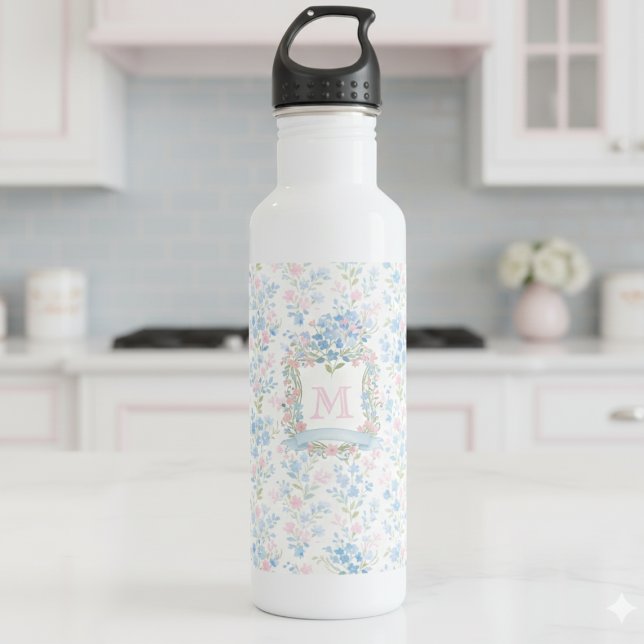 Botella De Agua Personalized Floral Monogram Water Bottle (elegant preppy grandmillennial floral monogram personalized water bottle)