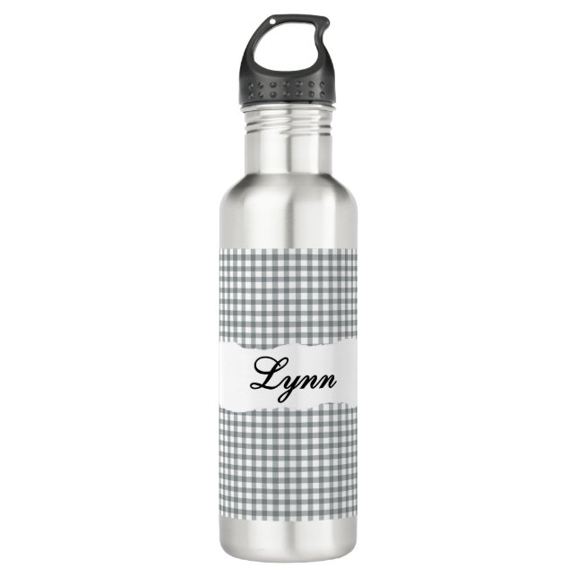 Botella De Agua Personalized Gray Gingham Pattern & Custom Name (Anverso)