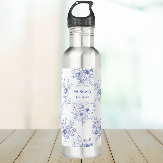 Botella De Agua Personalized Mothers Day Blue Flowers Floral (In situ)