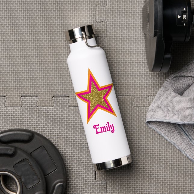 Botella De Agua Personalized name elegant gold &pink star  (Gimnasio (girado))