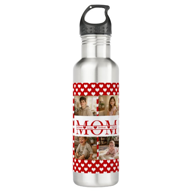 Botella De Agua Personalized Photo Collage Mom Heart & Kids Name (Anverso)
