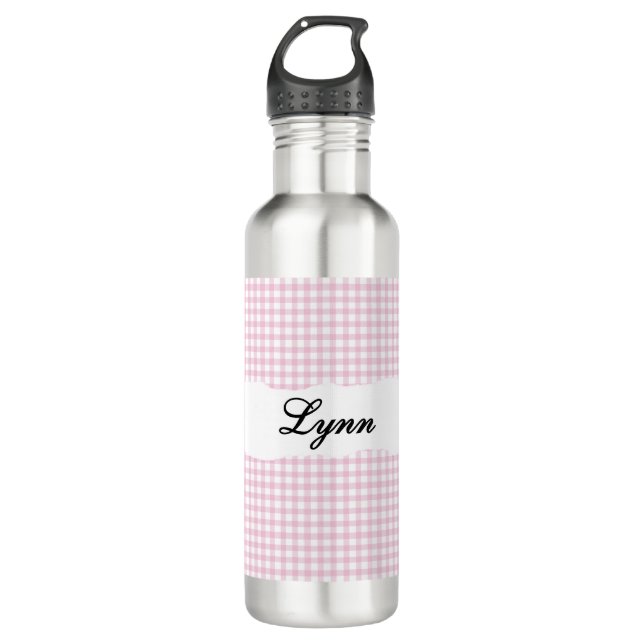 Botella De Agua Personalized Pink Gingham Pattern & Custom Name (Anverso)