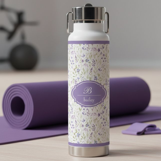 Botella De Agua Personalized Purple Floral Monogram (lavender purple wildflower floral water bottle with custom monogram initial and name)