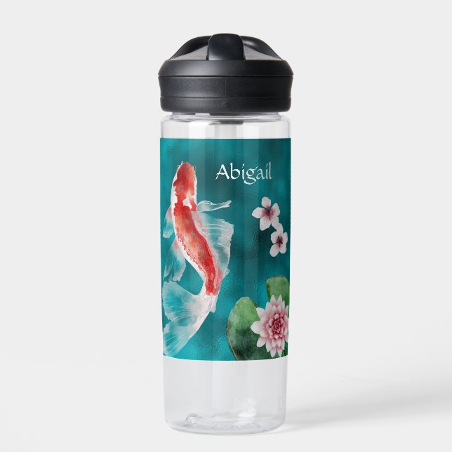 Botella De Agua Pescado japonés de Koi personalizado y flores de c (Delante)