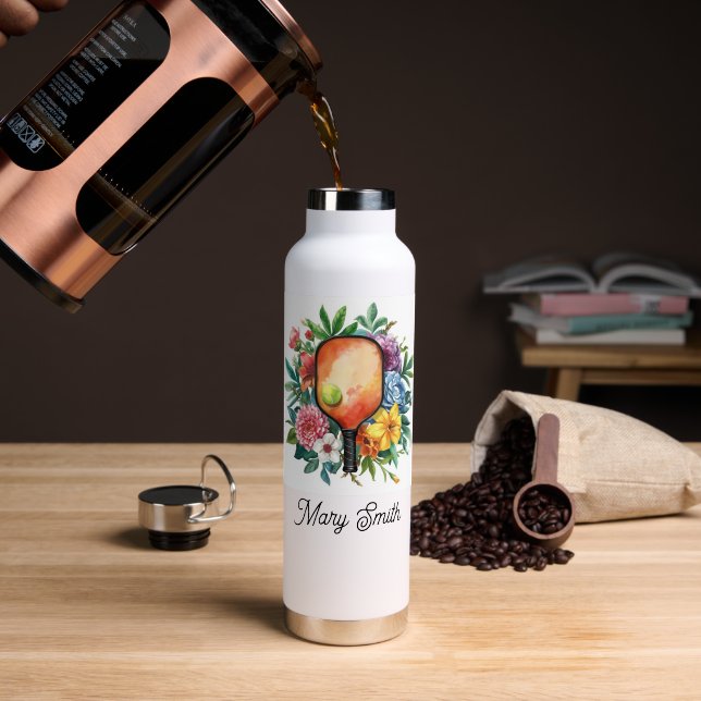 Botella De Agua Pickleball con hermosas flores (Café (girado))