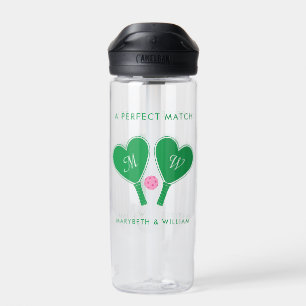 Botella De Agua Pickleball de Boda Verde y Rosa Preppy
