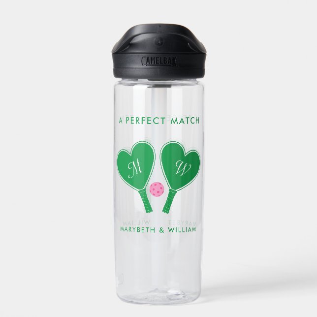 Botella De Agua Pickleball de Boda Verde y Rosa Preppy (Atrás)