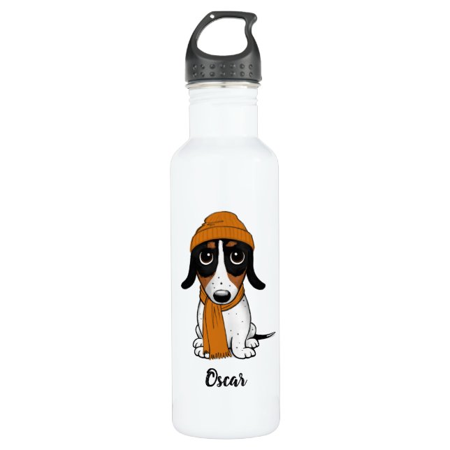 Botella De Agua Piebald Dachshund | Hipster Dog con texto Personal (Anverso)
