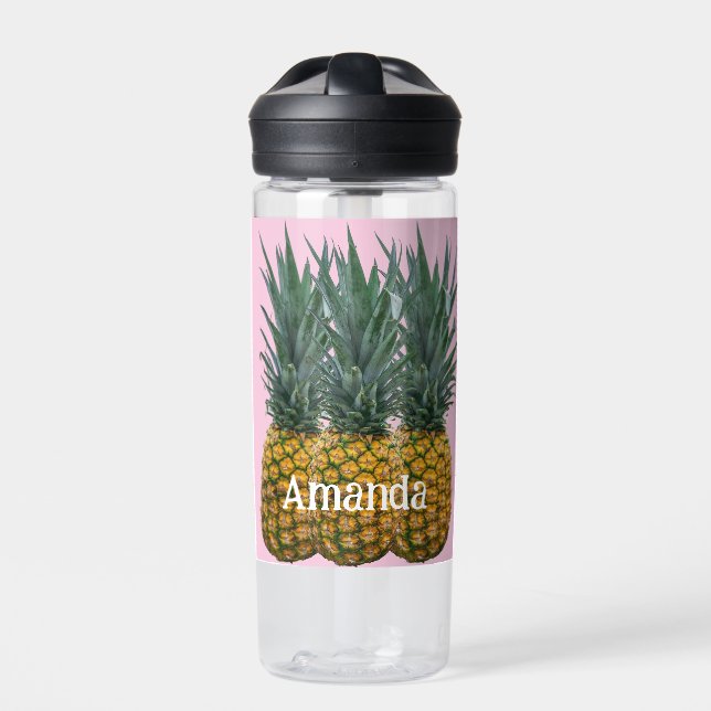 Botella De Agua Piña Personalizada sobre Rosa Pastel (Delante)