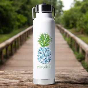 Botella De Agua Pineapple Chinoiserie Blue White Preppy Name