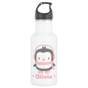 Botella De Agua Pingüino Adorable Con Bufanda Rosa y Orejeras