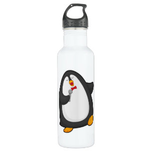Botella De Agua Pingüino cantando con micrófono y corbata