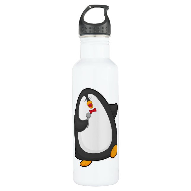 Botella De Agua Pingüino cantando con micrófono y corbata (Anverso)