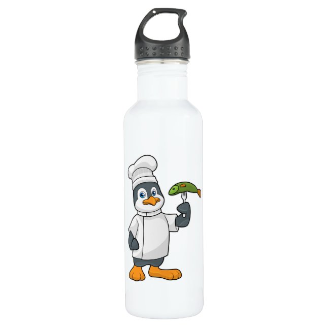 Botella De Agua Pingüino cocinado con delantal de pescado y cocina (Anverso)