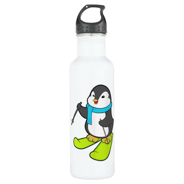Botella De Agua Pingüino como esquiador con esquí (Anverso)