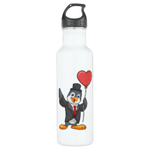 Botella De Agua Pingüino como Groom con Balón de Corazón