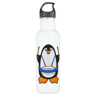 Botella De Agua Pingüino como músico con tambor